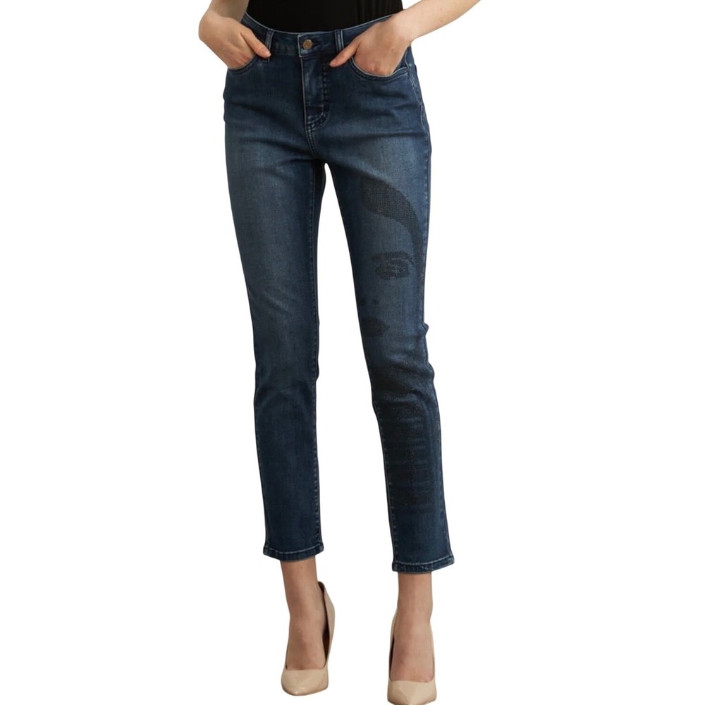 Joseph Ribkoff Embellished Rhinestone Face Print Slim Fit, Mid-Rise Jeans,Size 6